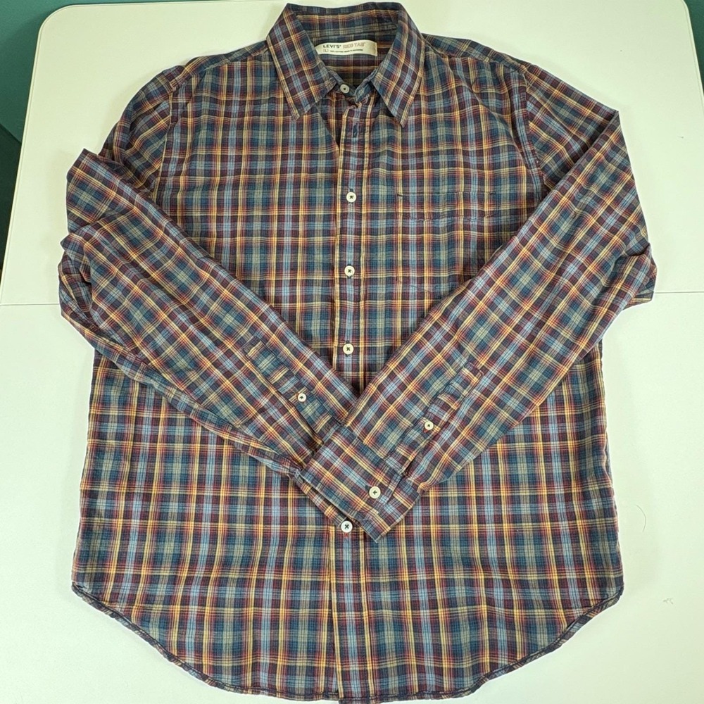 Levis Red Tab Plaid Button‎ Down Shirt Mens Large Blue Brown Cotton